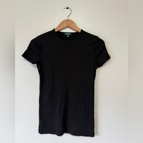 Lauren Ralph‎ Lauren Black Ribbed Crew Neck Short Sleeve T- Shirt Women's M - Picture 1 of 6